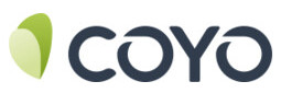 Das Logo von Coyo Das Logo von Coyo ist in grüner Schrift vor dem ein abstrakt-grünes Blatt ist.