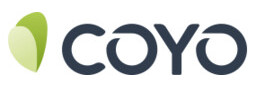 Das Logo von Coyo ist in grüner Schrift vor dem ein abstrakt-grünes Blatt ist.