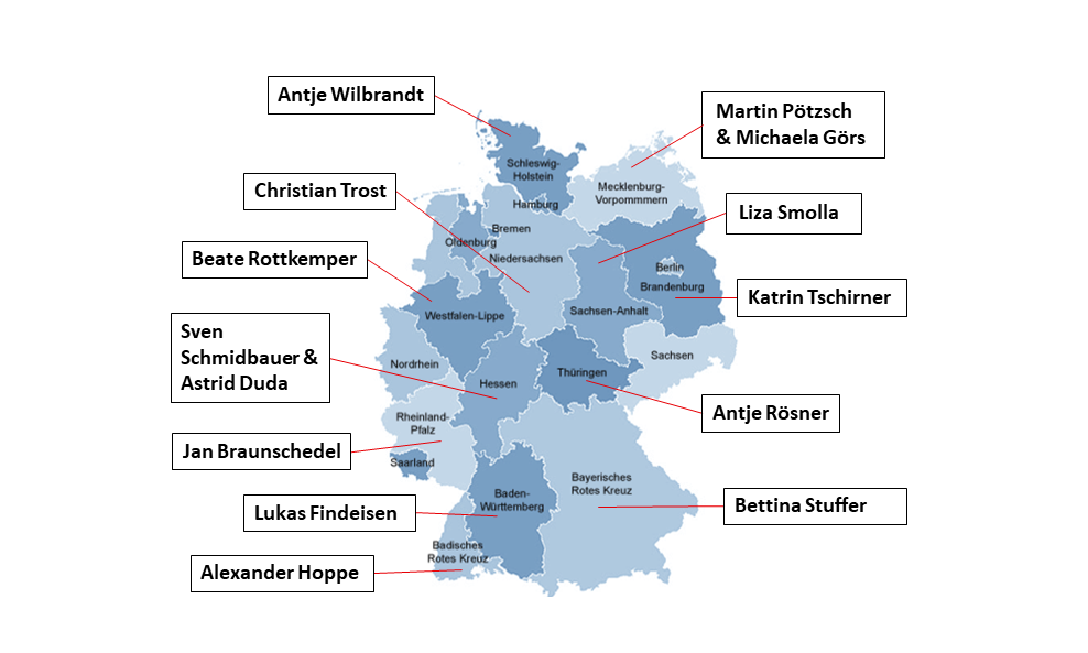 Deutschlandkarte mit DRK-Landesverbänden als Grenzen. Die Mitglieder des Netzwerks pro Landesverband sind benannt.