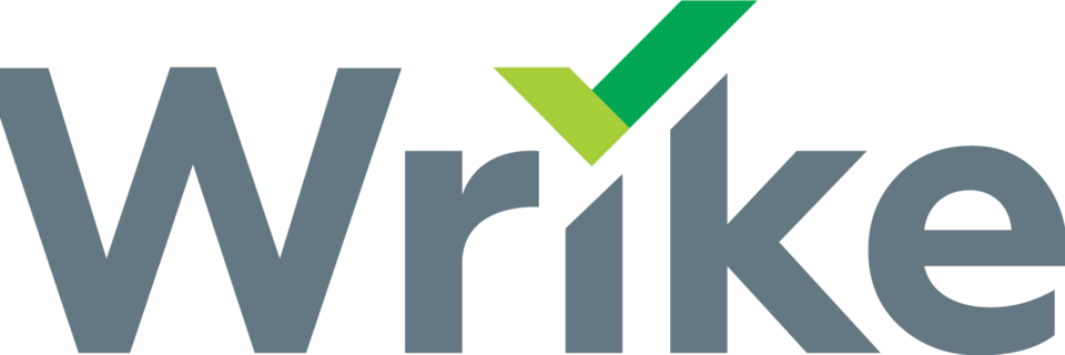 Das Logo von Wrike in grauer Schrift auf weißem Grund. Der Punkt über dem "i" ist ein grüner Haken