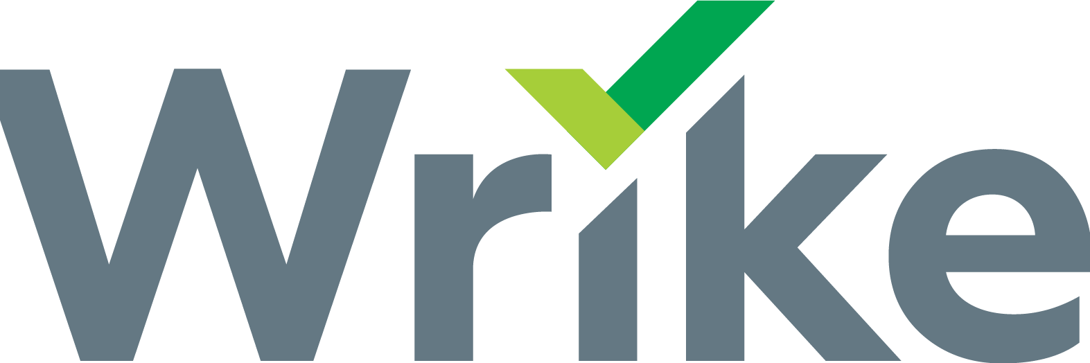 Das Logo von Wrike in grauer Schrift auf weißem Grund. Der Punkt über dem "i" ist ein grüner Haken