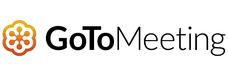 Logo von GoToMeeting. Name in schwarzer Schrift auf weißem Grund. Links davon eine orangene Blume