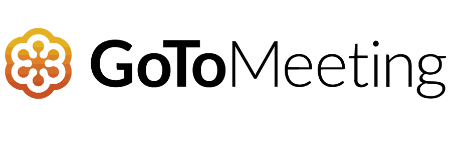 Logo von GoToMeeting. Name in schwarzer Schrift auf weißem Grund. Links davon eine orangene Blume