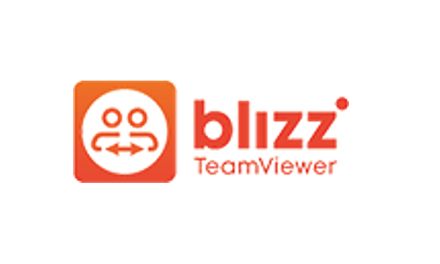 Quadrat mit zwei Personen unter denen ein Recht-Links-Pfeil ist. Rechts davon der Name blizz. Darunter TeamViewer. Alles in Orange.