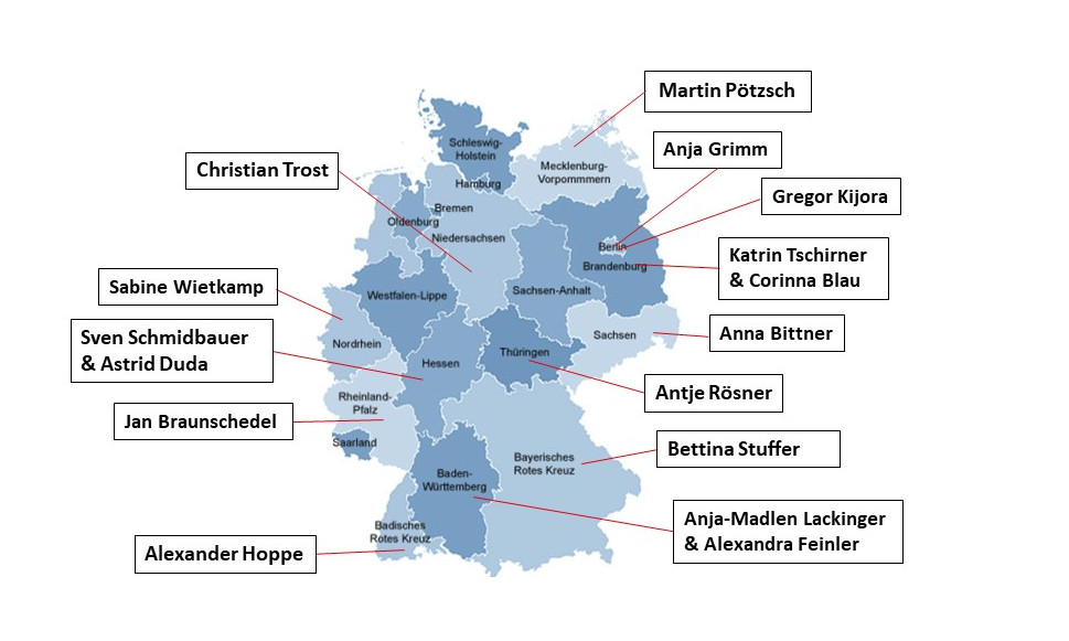 Deutschlandkarte mit DRK-Landesverbänden als Grenzen. Die Mitglieder des Netzwerks pro Landesverband sind benannt.