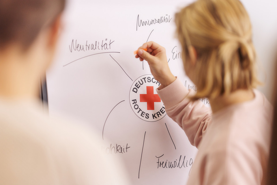 Zwei Personen vor einem Whiteboard mit einem Kreisdiagramm und dem Logo des Deutschen Roten Kreuzes in der Mitte