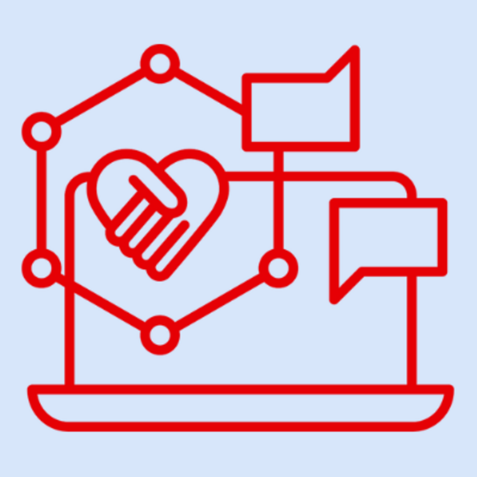 Icon Digitalisierung: Rote Linienzeichnung eines Laptops mit Herz und zwei Sprechblasen, verbunden durch ein sechseckiges Netzwerk.