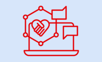Icon Digitalisierung: Rote Linienzeichnung eines Laptops mit Herz und zwei Sprechblasen, verbunden durch ein sechseckiges Netzwerk.