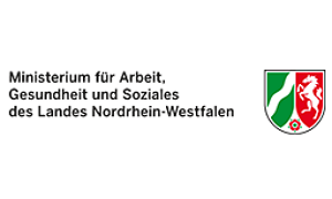 Links der Name "Ministerium für Arbeit, Gesundheit und Soziales des Landes Nordrhein-Westfalen." Rechts davon das Wappen von NRW: Weiß, grün, rot. 