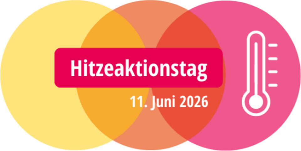 Drei überlappende Kreise in Gelb, Orange und Pink mit dem Text 'Hitzeaktionstag 11. Juni 2026' und einem Thermometer-Symbol im pinken Kreis