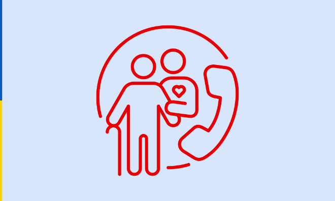 Hellblaues Bild mit Icon in rot, Menschen, Telefon