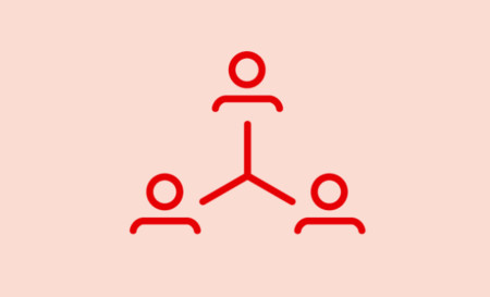 Rotes Piktogramm mit drei stilisierten Personen, die durch Linien verbunden sind.