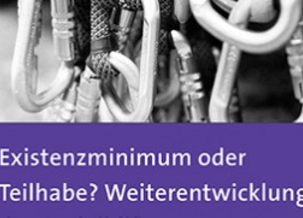 Buchcover mit schwarz-weißer Nahaufnahme von mehreren Karabinern und Seilen, darunter der Titel 'Existenzminimum oder Teilhabe? Weiterentwicklung des Sozialhilfesystems' auf violettem Grund.