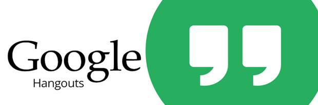 Logo von Google Hangouts in schwarzer Schrift auf weißem Grund. Links daneben eine grüne Sprechblase mit weißen Anführungszeichen