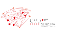Vernetztes Punktmuster in Rot- und Orangetönen neben dem Schriftzug 'CMD CROSS MEDIA DAY DÜSSELDORF 30.11.19' und dem Logo des Deutschen Roten Kreuzes.