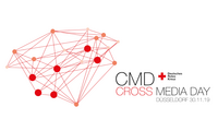 Vernetztes Punktmuster in Rot- und Orangetönen neben dem Schriftzug 'CMD CROSS MEDIA DAY DÜSSELDORF 30.11.19' und dem Logo des Deutschen Roten Kreuzes.