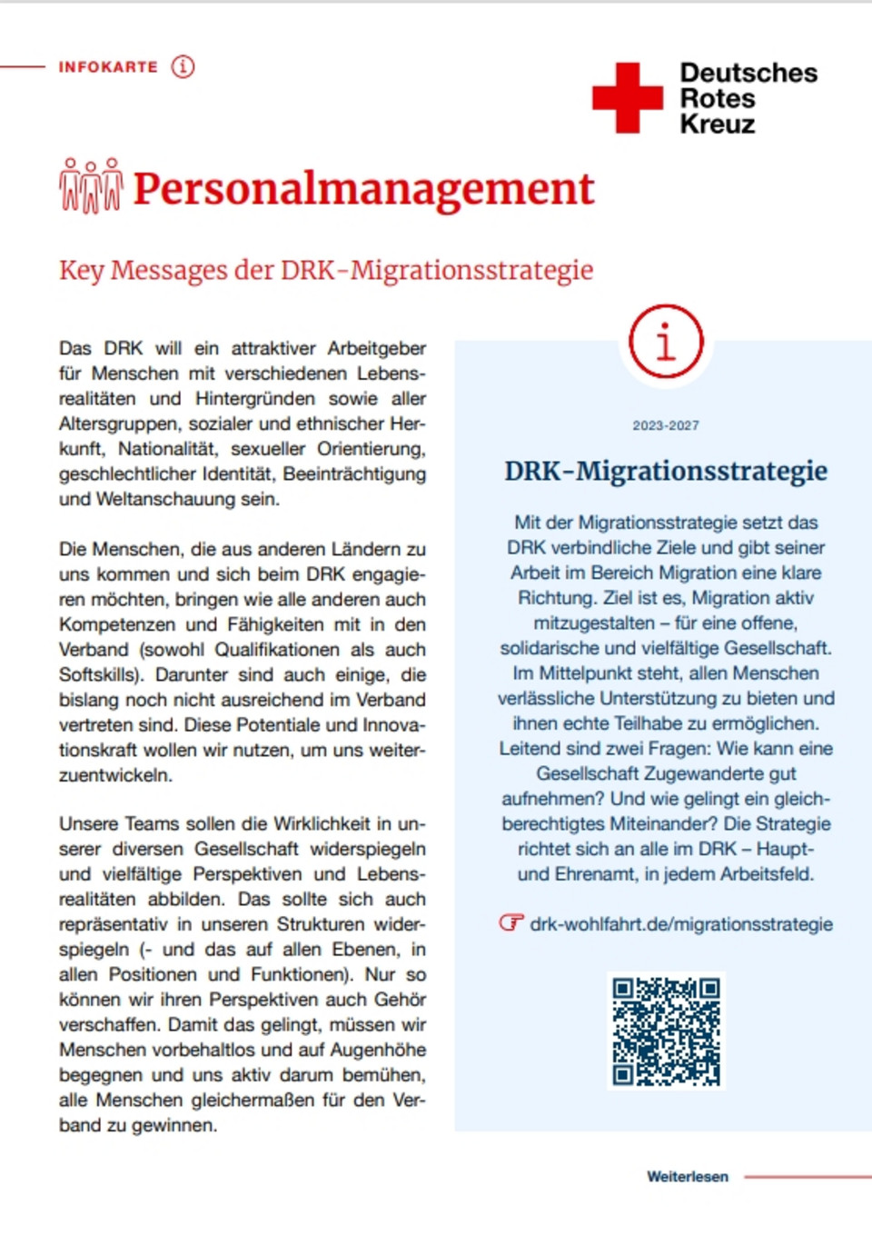 Infokarte des Deutschen Roten Kreuzes zum Thema Personalmanagement mit Fokus auf DRK-Migrationsstrategie 2023-2027.