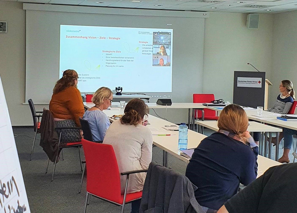 Man sieht einen Seminarraum, in dem 8 Personen in U-Form an Tischen sitzen. Links vorne im Bild ist der Ausschnitt einer beschrifteten Flipchart zu sehen. In der Mitte des Bildes sieht man eine große Leinwand, auf die mit einem Beamer eine Powerpoint Präsentation projiziert wird. Auf dieser Projektion sieht man außerdem weitere Teilnehmende, die über ein Online-Konferenztool in den Seminarraum dazugeschaltet sind.