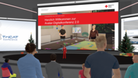 Virtuelle Konferenzszene mit mehreren Zuschauern vor einer großen Leinwand, die eine Präsentation zur Avatar-Digitalkonferenz 2.0 des Deutschen Roten Kreuzes zeigt.