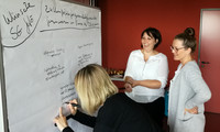 Drei Frauen in einem Raum mit roter Wand, eine schreibt auf ein großes Whiteboard handschriftliche Notizen.