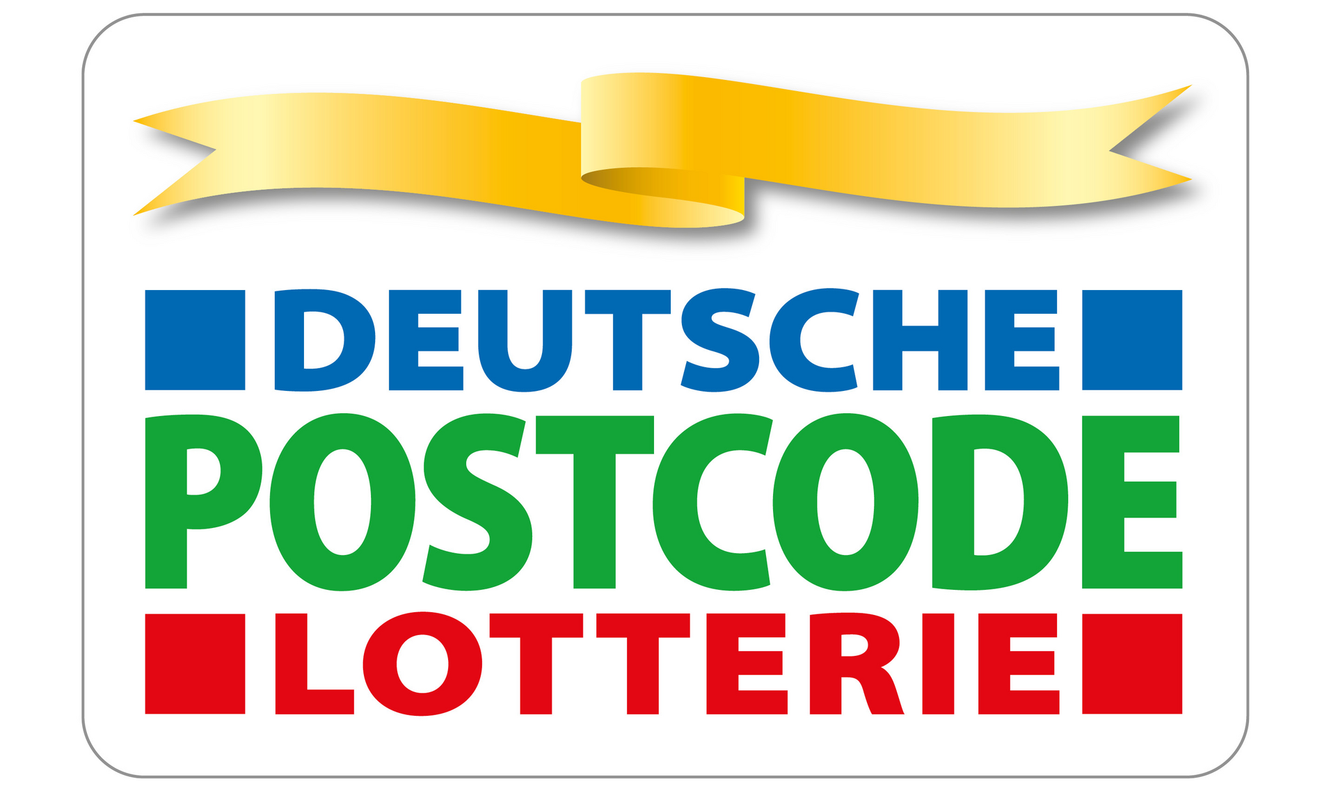 Über dem Namen "Deutsche Postcode Lotterie" in blau-grün-rot ist ein goldes Banner.