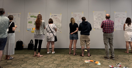 Gruppe von Menschen steht vor einer Wand mit mehreren großen, beschriebenen Papierbögen