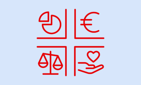 Ein Diagramm, ein Eurozeichen, eine Waage und eine Hand mit Herz als Symbol für Gemeinnützigkeit