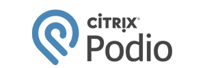 Logo von Podio Logo von Podio in schwarzer Schrift über dem die Firma citrix als Eigentümer steht und eine abstrakte blaue Glühbirne