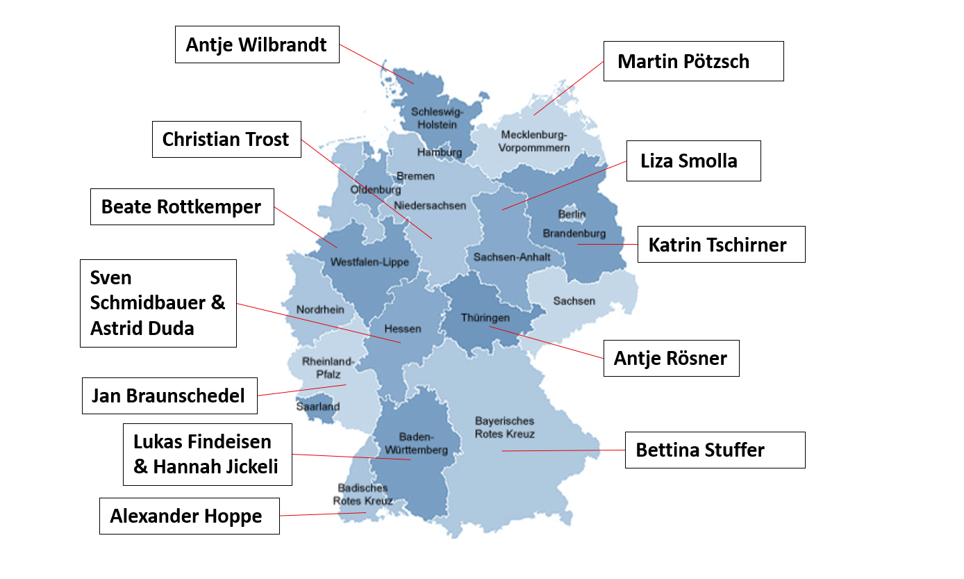 Deutschlandkarte mit DRK-Landesverbänden als Grenzen. Die Mitglieder des Netzwerks pro Landesverband sind benannt.