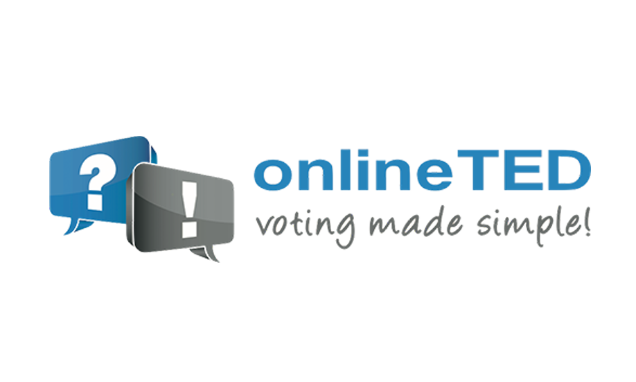Sprachboxen mit ? und ! rechts davon Name onlineTED mit dem Untertitel voting made simple