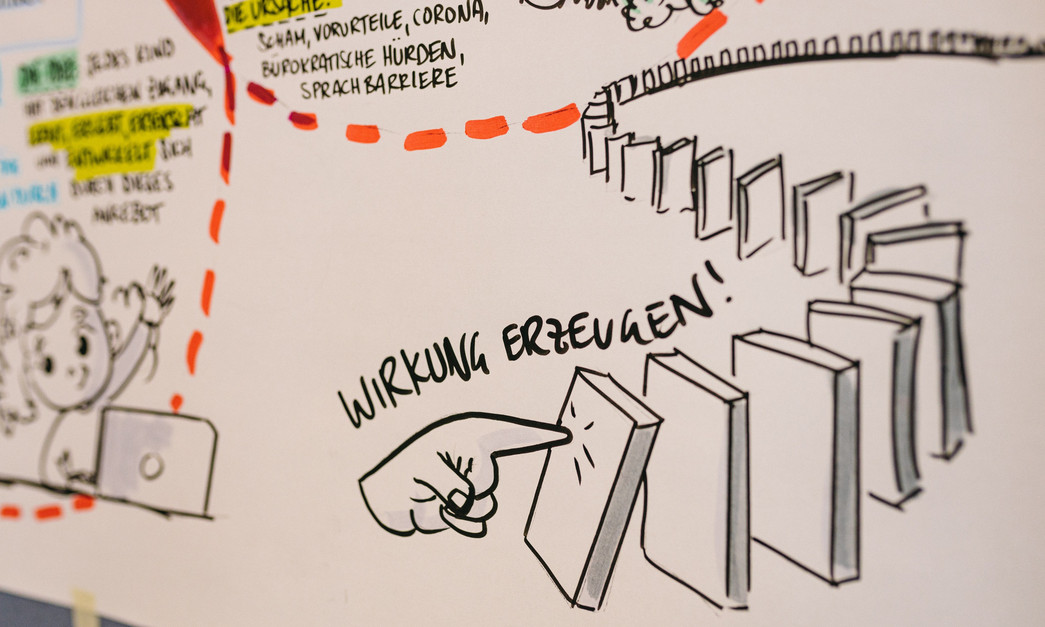 Wirkung erzeugen Eine Hand stupst eine Reihe Dominosteine um. Daneben der Schriftzug "Wirkung erzeugen"