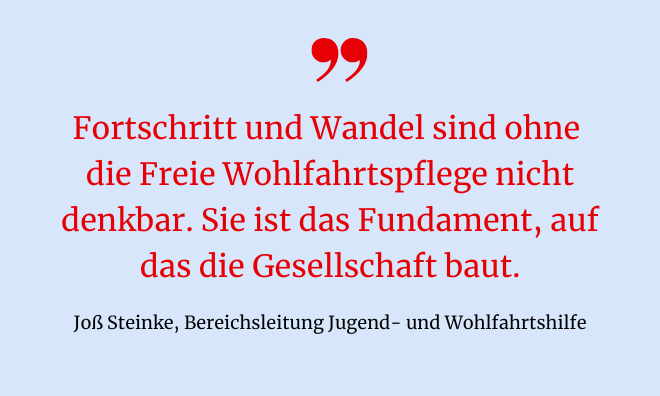 Zitat von Joß Steinke in rot auf blauem Hintergrund: "Fortschritt und Wandel sind ohne die Freie Wohlfahrtspflege nicht denkbar. Sie ist das Fundament, auf das die Gesellschaft baut."