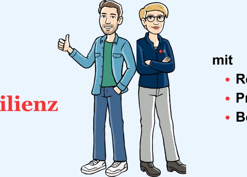 Zwei Personen stehen vor Schriftzug mit verschränkten Armen und Daumen hoch.