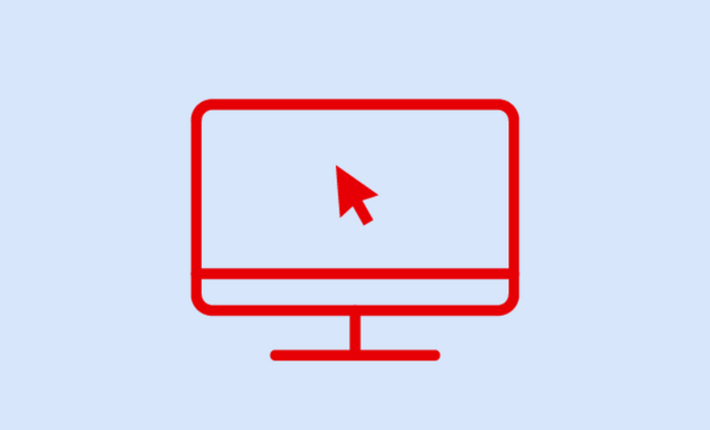 Roter Umriss eines Computerbildschirms mit rotem Pfeil-Cursor auf hellblauem Hintergrund