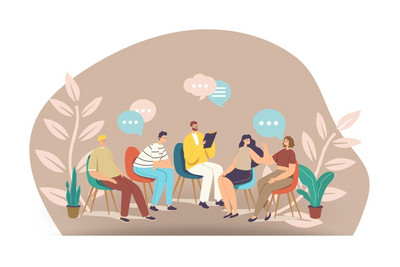 Das Bild ist eine Illustration, auf der verschiedene Personen in einem Halbkreis zusammen sitzen. Sprechblasen über ihren Köpfen symbolisieren, dass sie sich in einer Gesprächssituation befinden.