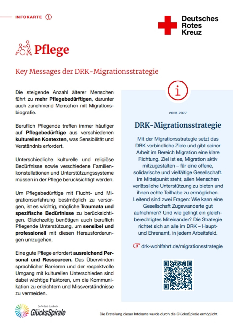 Informationskarte des Deutschen Roten Kreuzes zur DRK-Migrationsstrategie mit Text zu Pflegebedürftigkeit älterer Menschen und kulturellen sowie religiösen Bedürfnissen