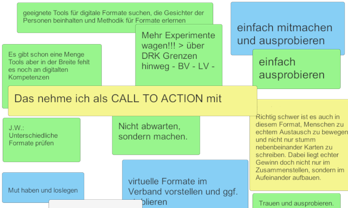 Diverse Post-Its im digitalen Format zum Feedback der Veranstaltung. Insbesondere "Nicht abwarten, sondern machen" wiederholt sich in verschiedenen Formulierungen.