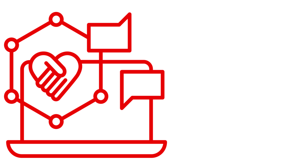 Eine Vektorgrafik mit einem Laptop, zwei Sprechblasen, einem Herzen aus schüttelnden Händen und einem Sexagon. Alles in Roter Farbe.