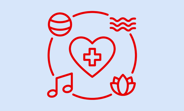 Rotes Piktogramm mit Herz und Kreuz in der Mitte, umgeben von Volleyball, Musiknote, Wellenlinien und Lotusblüte auf hellblauem Hintergrund