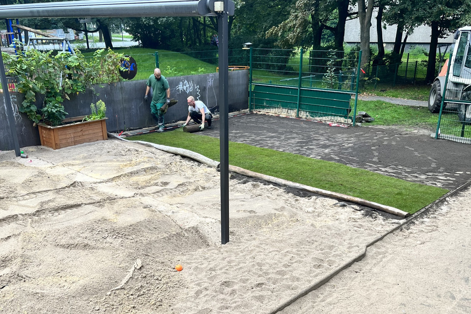 Treppe, die hinunter in einen Garten mit verschiedenen Beeten führt.