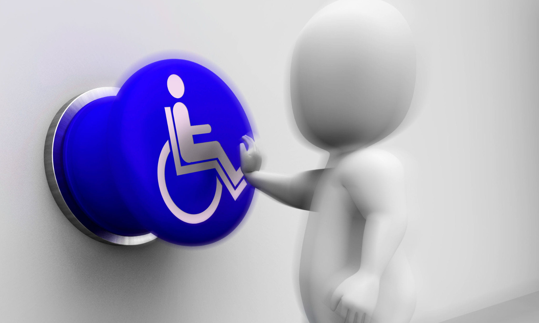 Ein Piktogramm einer menschlichen Figur, die einen Knopf drückt, auf dem ein Rollstuhl abgebildet ist.