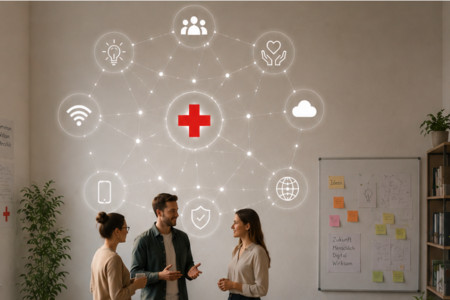 Drei Personen im Gespräch vor einer Wand mit einem roten Kreuz und vernetzten Symbolen für Digitalisierung, Innovation, Gemeinschaft und Menschlichkeit; daneben eine Pinnwand mit Ideen und Notizen.