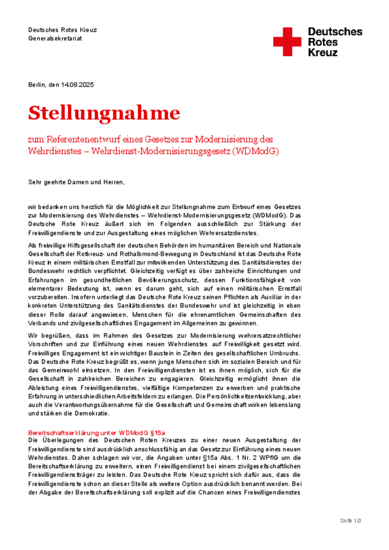 Stellungnahme zur Modernisierung des Wehrdienstgesetzes