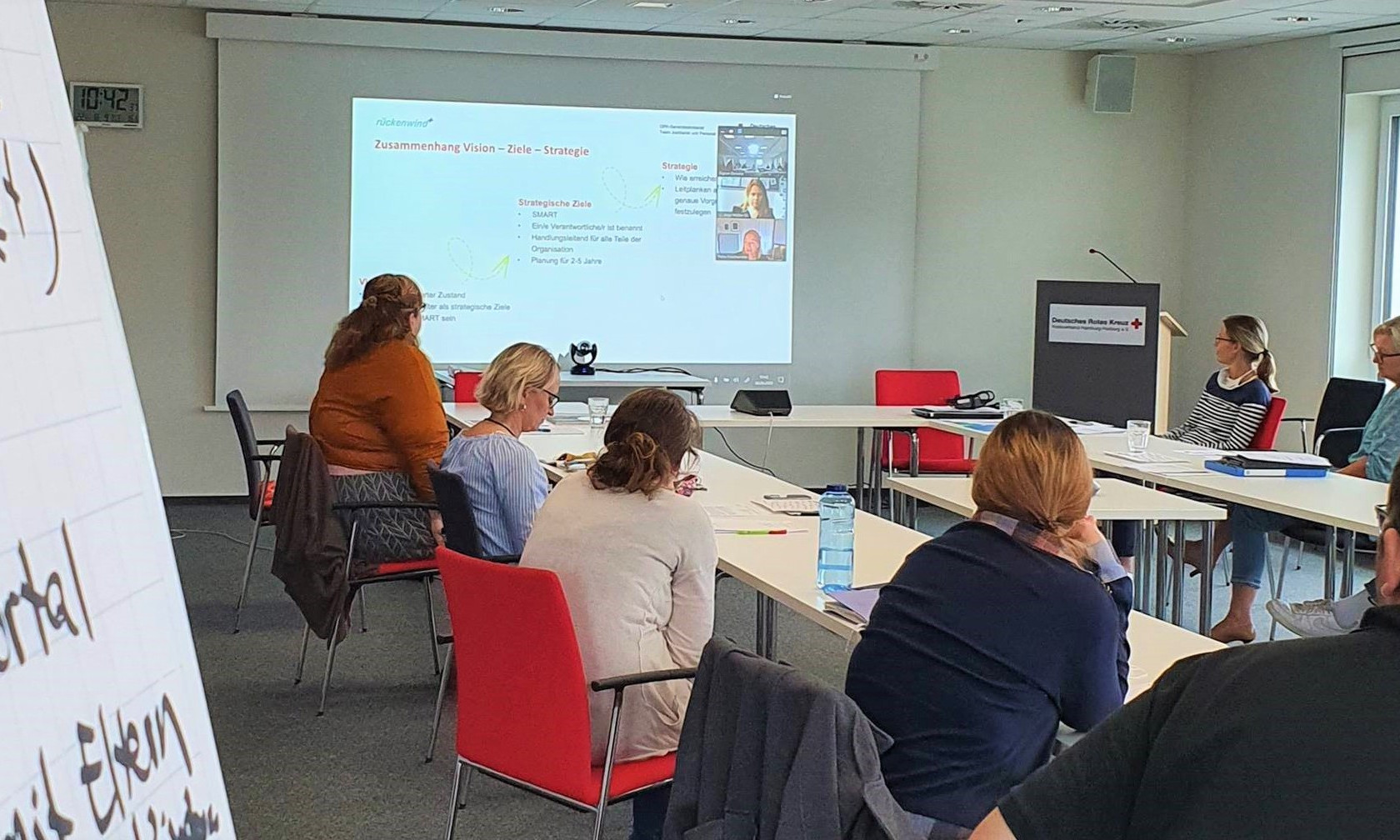 Foto von Sigrun Deneke DRK gemeinnützige Gesellschaft für Pädagogik Hamburg-Harburg mbH Man sieht einen Seminarraum, in dem 8 Personen in U-Form an Tischen sitzen. Links vorne im Bild ist der Ausschnitt einer beschrifteten Flipchart zu sehen. In der Mitte des Bildes sieht man eine große Leinwand, auf die mit einem Beamer eine Powerpoint Präsentation projiziert wird. Auf dieser Projektion sieht man außerdem weitere Teilnehmende, die über ein Online-Konferenztool in den Seminarraum dazugeschaltet sind.