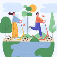 Grafik zweier Figuren, die auf Rollern durch die Natur fahren