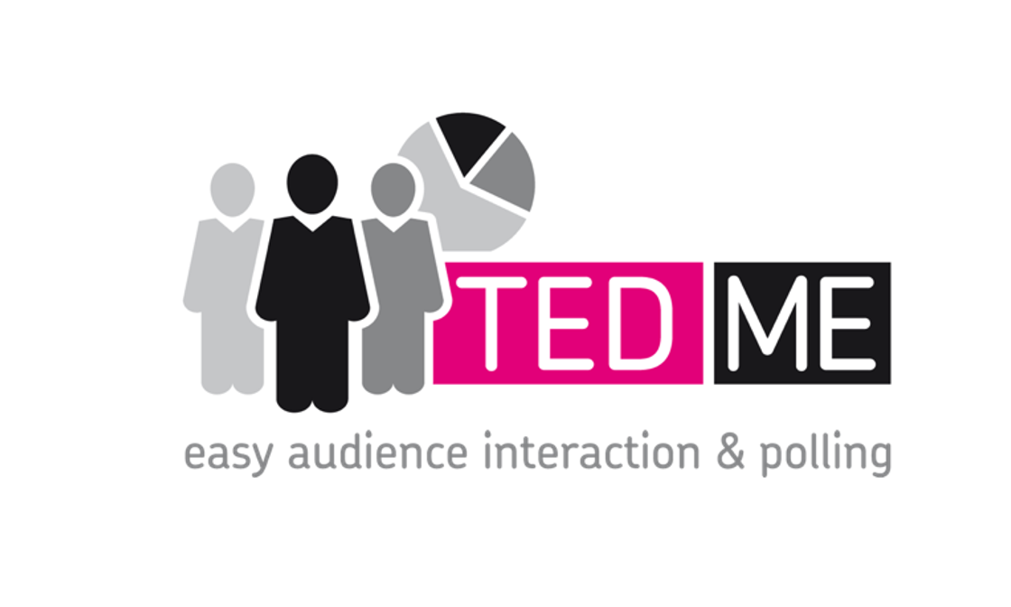 Drei Personen links mit Kuchendiagramm im Hintergrund. Unter dem Namen TEDME steht "easy audience interaction & polling"