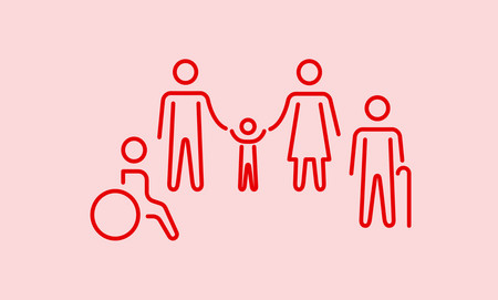 Rotes Piktogramm auf rosa Hintergrund mit fünf stilisierten Figuren, darunter eine im Rollstuhl, ein Kind, zwei Erwachsene, und eine Person mit Gehstock