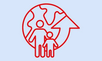 Hellblaues Bild mit Icon in rot zum Thema Flucht mit Weltkarte und Mencshen