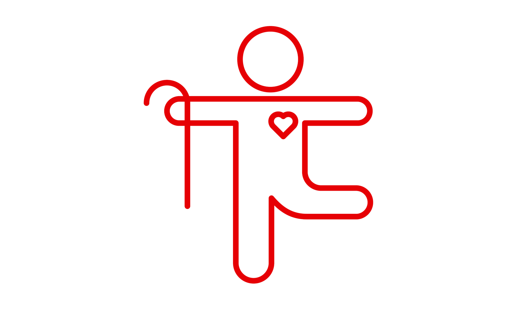 Ein Icon mit einer Figur, die ein Krückstock hält, ein Bein nach hinten anwinkelt und ein kleines Herz auf der rechten Brust hat.