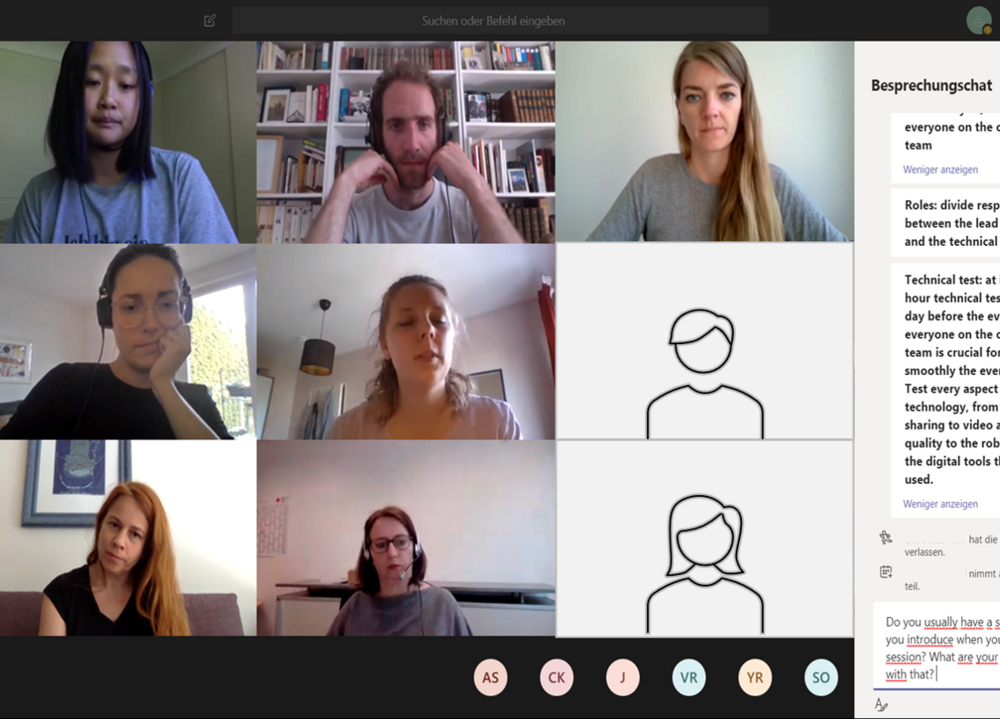 Ein Screenshot einer Videokonferenz mit neun Personen und einem Chat rechts daneben